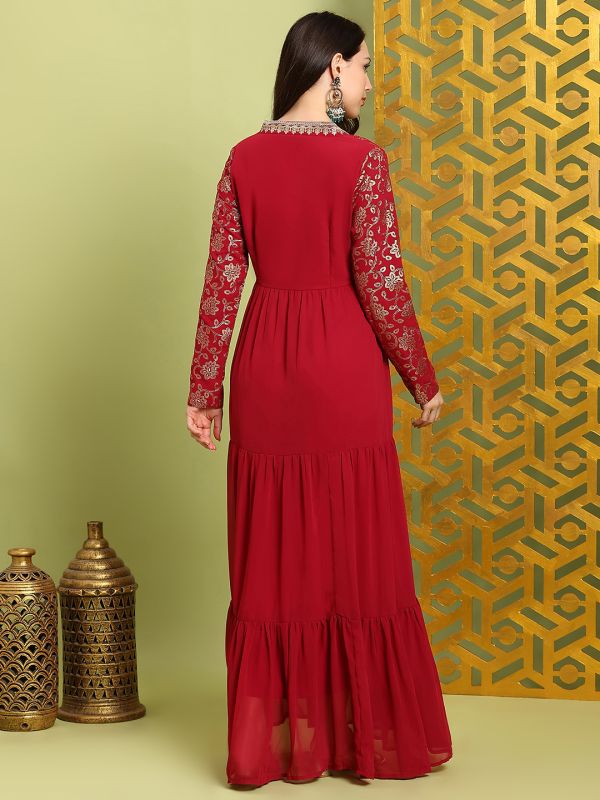 Globus Women Red V-Neck Pleated Embroidered Detail Gold Foil Ethnic Print Fit & Flare Maxi Festive Dress