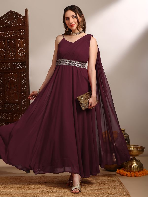 Globus Women Maroon Georgette Strappy Shoulder Fit & Flare Maxi Festive Draped Dress With Embroidered Belt