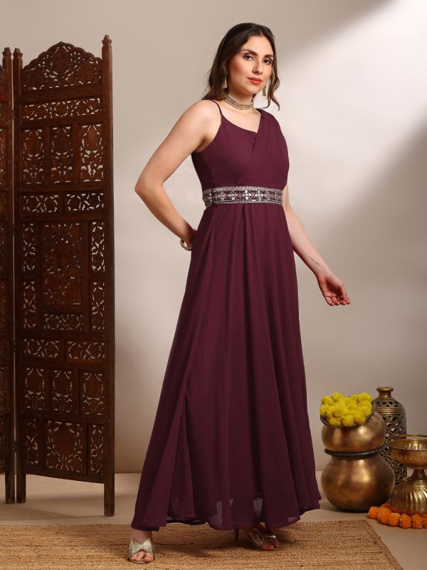 Globus Women Maroon Georgette Strappy Shoulder Fit & Flare Maxi Festive Draped Dress With Embroidered Belt