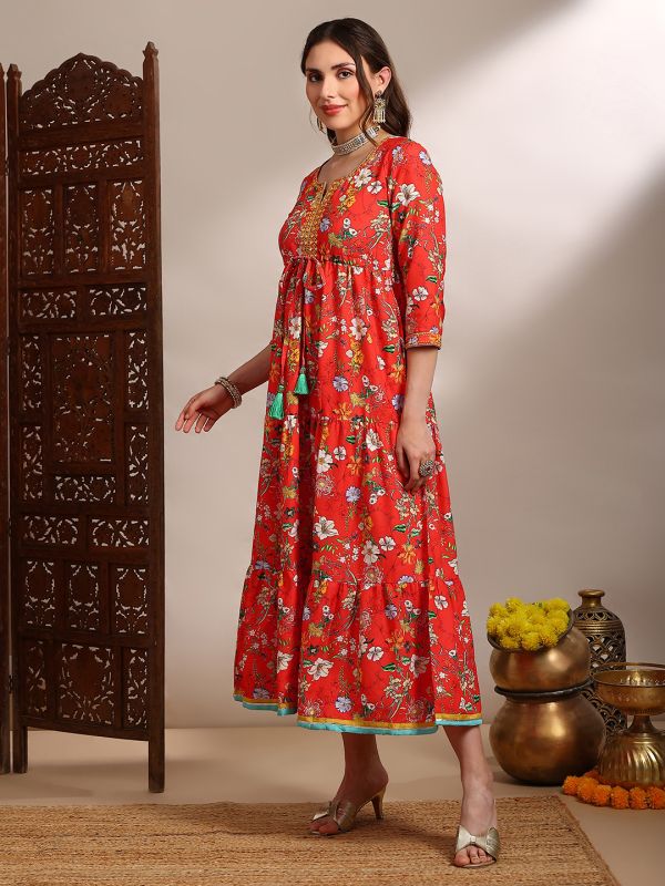Globus Women Red Allover Floral Print Round V-Neck Embroidered & Mirror Work Waist Tie-Ups Tiered Fit & Flare Midi Festive Dress