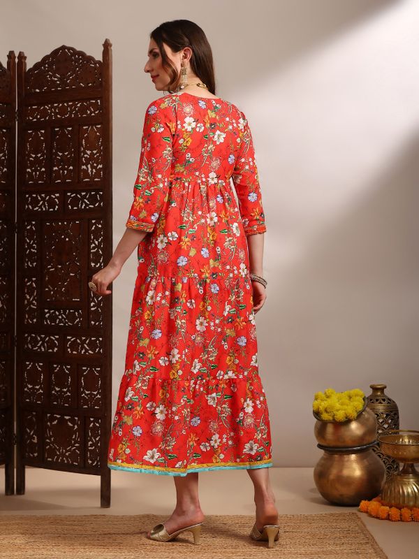 Globus Women Red Allover Floral Print Round V-Neck Embroidered & Mirror Work Waist Tie-Ups Tiered Fit & Flare Midi Festive Dress