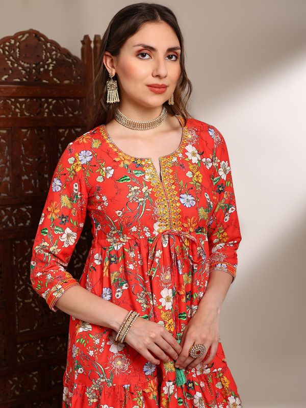 Globus Women Red Allover Floral Print Round V-Neck Embroidered & Mirror Work Waist Tie-Ups Tiered Fit & Flare Midi Festive Dress