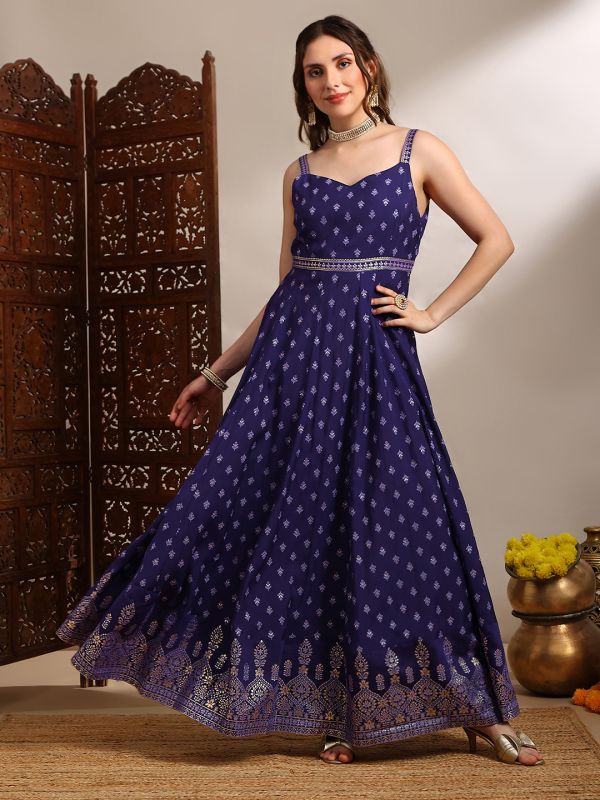 Globus Women Purple Ethnic & Gold Foil Print Sweetheart Neck Shoulder Strap Fit and Flare Maxi Dress