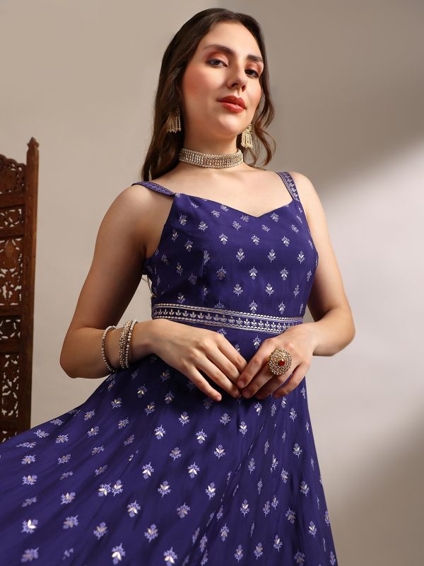 Globus Women Purple Ethnic & Gold Foil Print Sweetheart Neck Shoulder Strap Fit and Flare Maxi Dress
