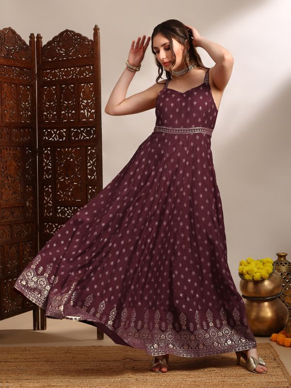 Globus Women Maroon Ethnic & Gold Foil Print Sweetheart Neck Shoulder Strap Fit and Flare Maxi Dress