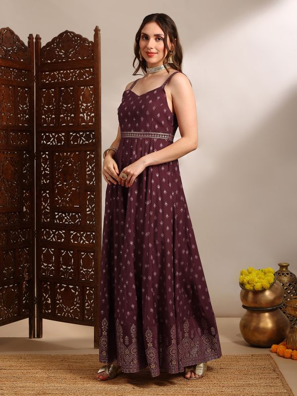 Globus Women Maroon Ethnic & Gold Foil Print Sweetheart Neck Shoulder Strap Fit and Flare Maxi Dress