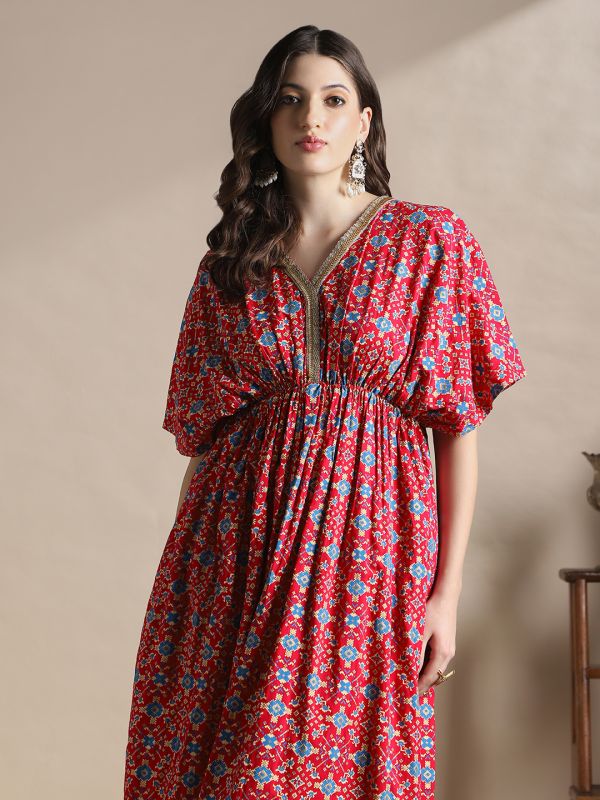 Globus Women Fuchsia V-Neck Kimono Sleeves Ethnic Print Lace Detail Fit & Flare Midi Fusion Dress