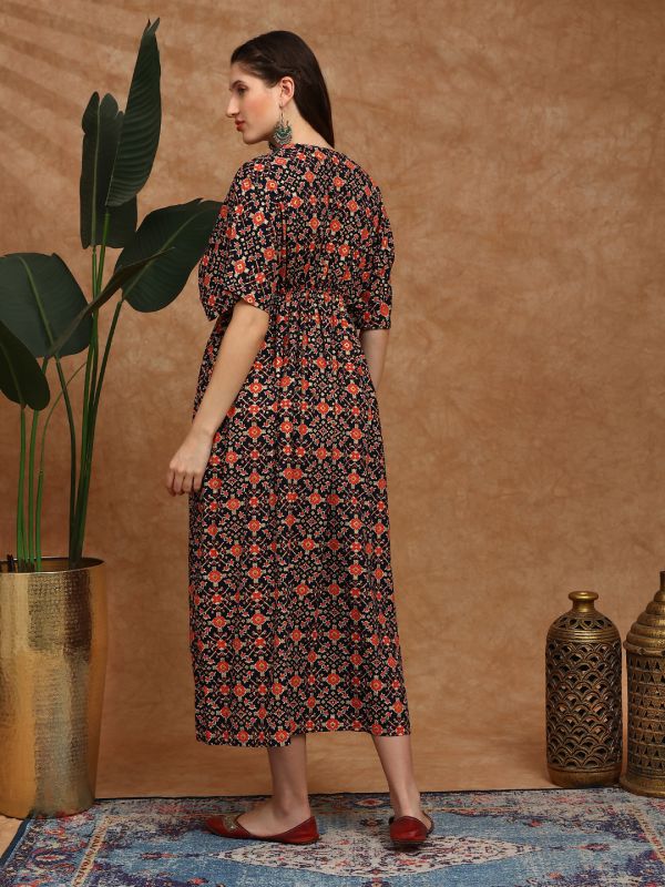 Globus Women Navy Blue Ethnic Print V-Neck Kimono Sleeves Gathered Detail Fit and Flare Festive Dress