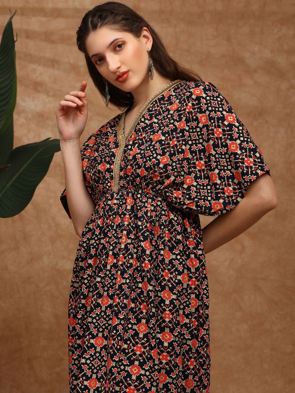 Globus Women Navy Blue Ethnic Print V-Neck Kimono Sleeves Gathered Detail Fit and Flare Festive Dress