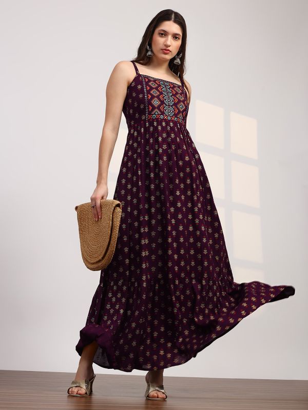 Globus Women Wine Ethnic Print Embroidered Detail Square Neck Shoulder Strap Fit and Flare Maxi Dress