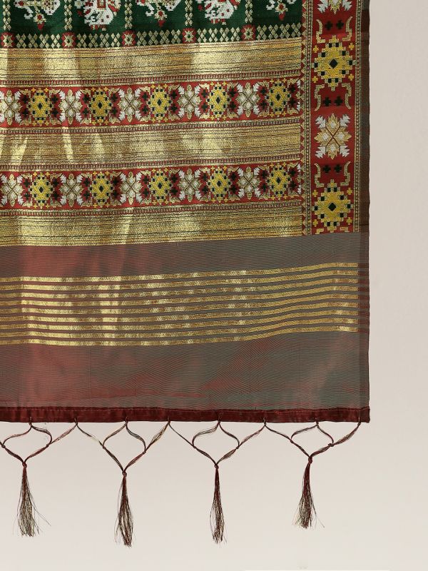 Globus Women Green Patola Woven Design Silk Tasselled Border Festive Dupatta