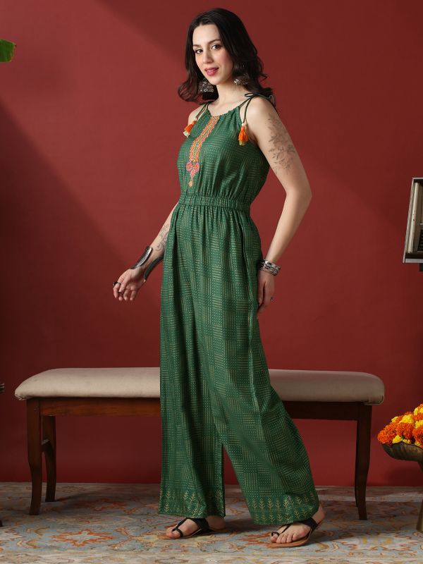 Globus Women Green Embroidered Yoke & Gold Foil Polka Dot Tie-Up Straps Wide Leg Fusion Jumpsuit
