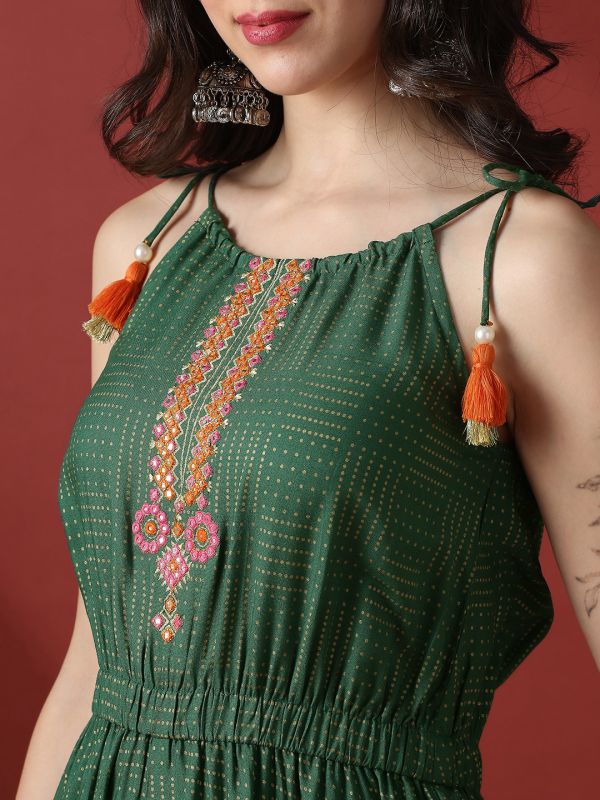 Globus Women Green Embroidered Yoke & Gold Foil Polka Dot Tie-Up Straps Wide Leg Fusion Jumpsuit