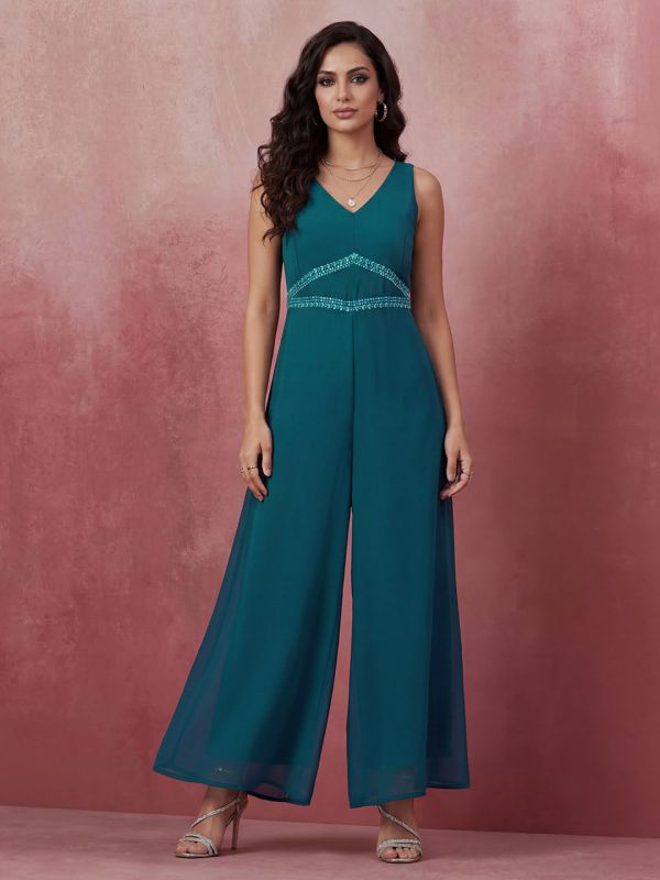 Globus Women Teal V-Neck Sleeveless Embroidered Detail Georgette Flared Festive Jumpsuit