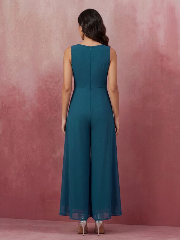 Globus Women Teal V-Neck Sleeveless Embroidered Detail Georgette Flared Festive Jumpsuit