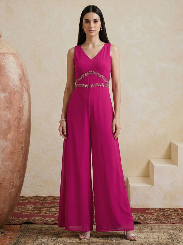 Globus Women Pink V-Neck Sleeveless Embroidered Detail Georgette Flared Festive Jumpsuit