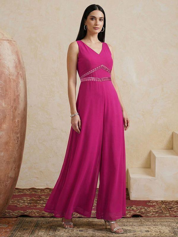 Globus Women Pink V-Neck Sleeveless Embroidered Detail Georgette Flared Festive Jumpsuit