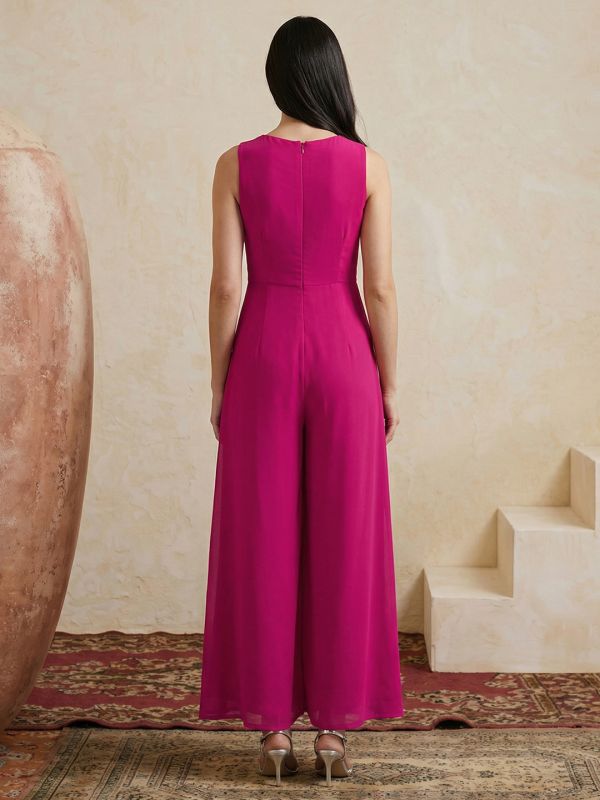 Globus Women Pink V-Neck Sleeveless Embroidered Detail Georgette Flared Festive Jumpsuit