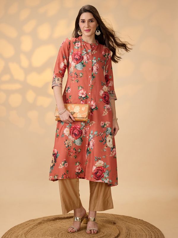 Globus Women Orange Mandarin Collar Embroidered Hem Sleeves Floral Print Button Down A-Line Festive Kurta