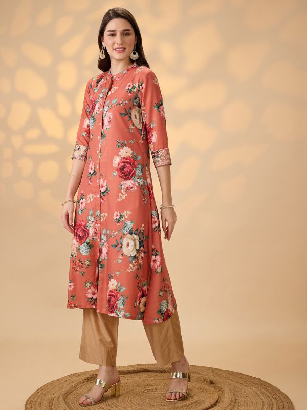 Globus Women Orange Mandarin Collar Embroidered Hem Sleeves Floral Print Button Down A-Line Festive Kurta
