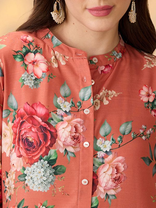 Globus Women Orange Mandarin Collar Embroidered Hem Sleeves Floral Print Button Down A-Line Festive Kurta