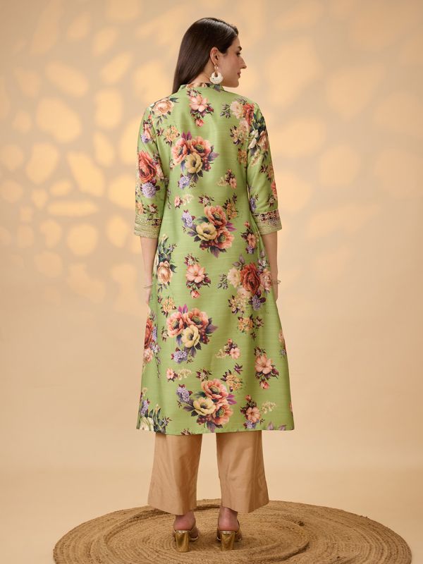 Globus Women Green Mandarin Collar Embroidered Hem Sleeves Floral Print Button Down A-Line Festive Kurta