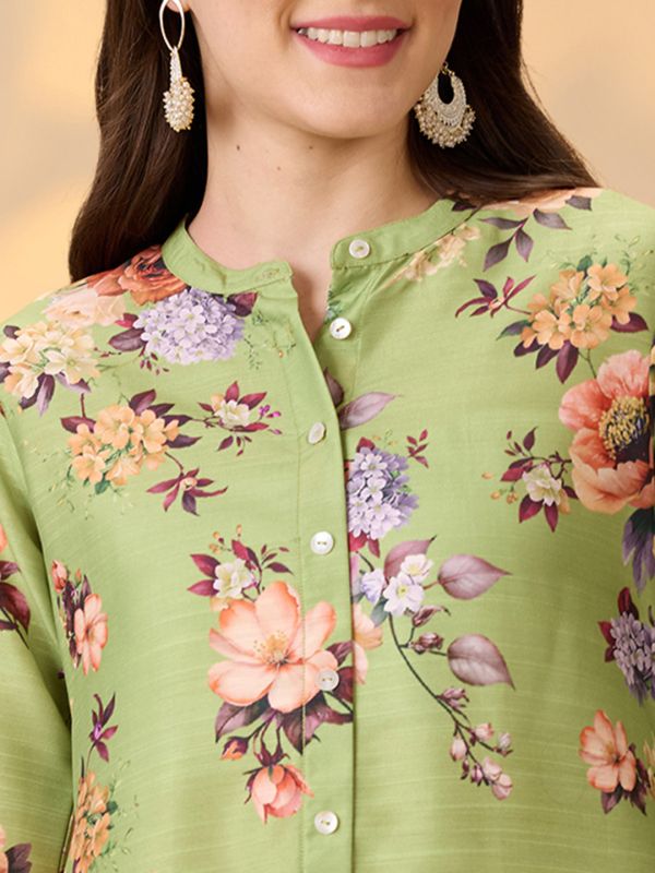 Globus Women Green Mandarin Collar Embroidered Hem Sleeves Floral Print Button Down A-Line Festive Kurta