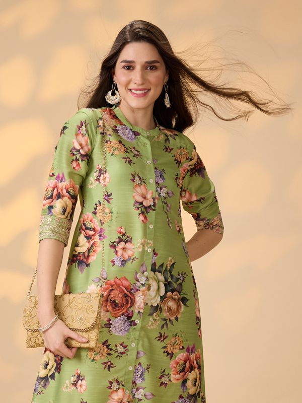 Globus Women Green Mandarin Collar Embroidered Hem Sleeves Floral Print Button Down A-Line Festive Kurta