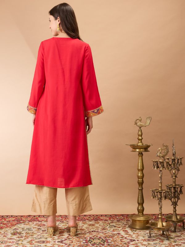 Globus Women Pink V-Neck Bell Sleeves Gotta Patti Lace Detail A-line Festive Kurta