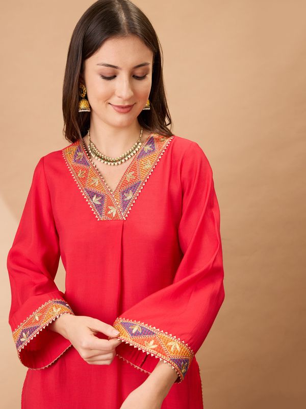 Globus Women Pink V-Neck Bell Sleeves Gotta Patti Lace Detail A-line Festive Kurta