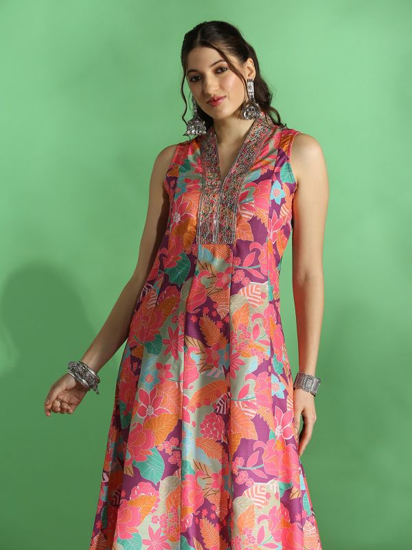 Globus Women Purple Floral Print Embroidered Zari Work V-Neck Panelled Anarkali Festive Kurta