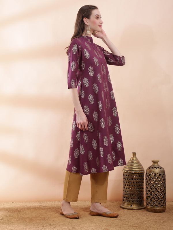 Globus Women Purple Ethnic Floral Gold Foil Print Mandarin Neck Button Down A-Line Festive Kurta