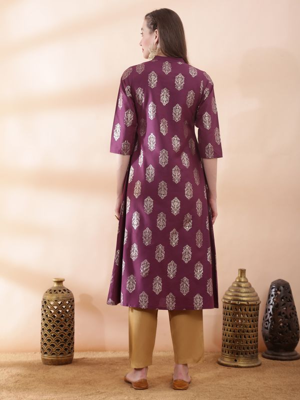Globus Women Purple Ethnic Floral Gold Foil Print Mandarin Neck Button Down A-Line Festive Kurta