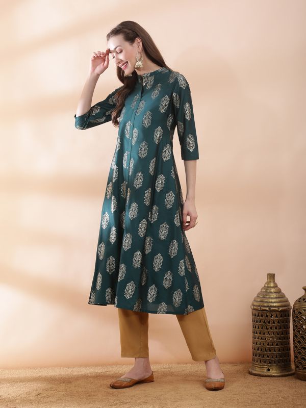 Globus Women Green Ethnic Floral Gold Foil Print Mandarin Neck Button Down A-Line Festive Kurta