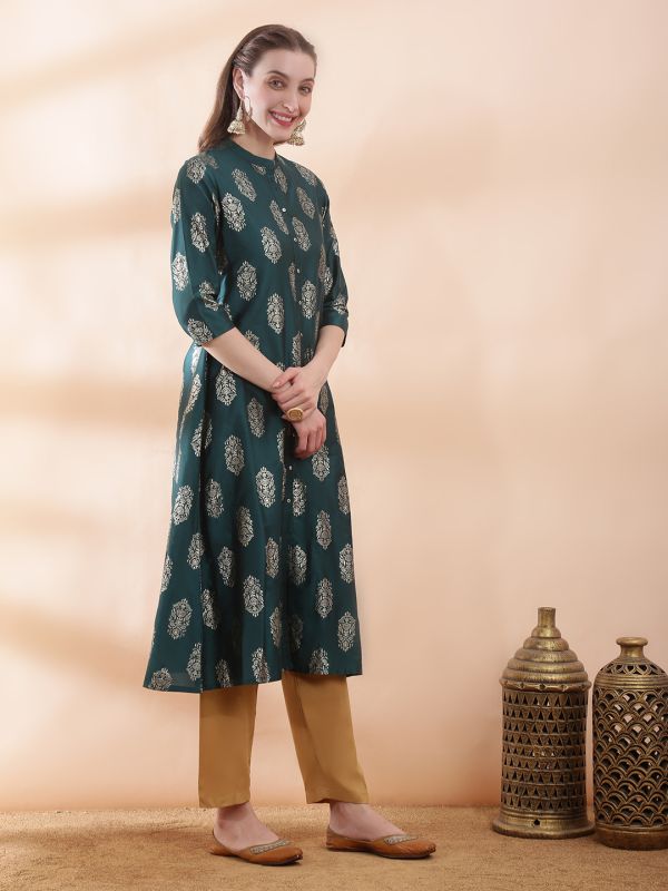 Globus Women Green Ethnic Floral Gold Foil Print Mandarin Neck Button Down A-Line Festive Kurta
