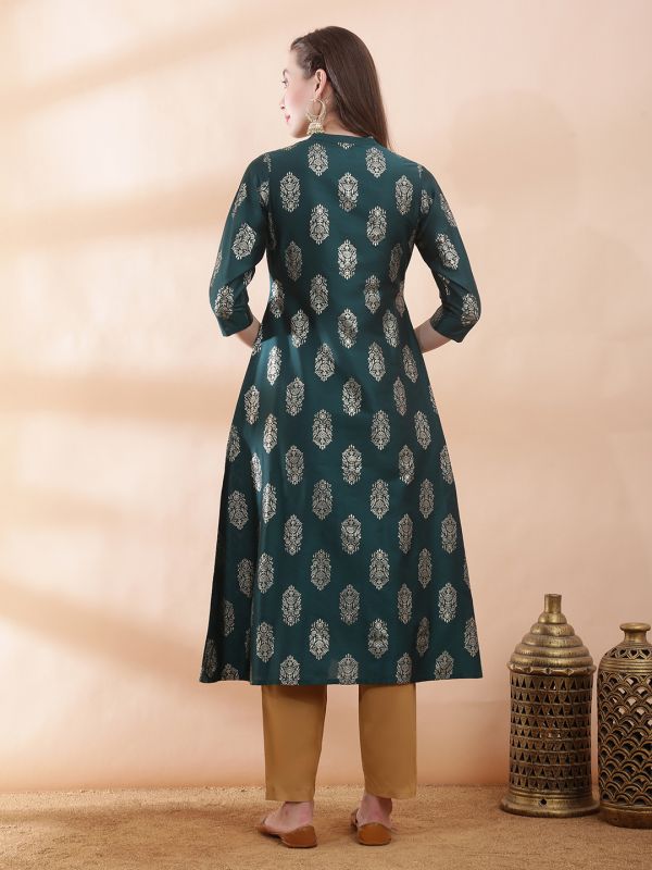 Globus Women Green Ethnic Floral Gold Foil Print Mandarin Neck Button Down A-Line Festive Kurta