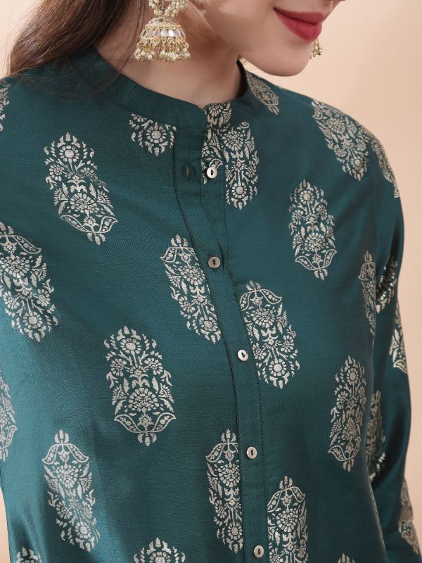 Globus Women Green Ethnic Floral Gold Foil Print Mandarin Neck Button Down A-Line Festive Kurta