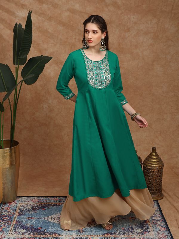Globus Women Green Zari Embroidered Yoke Panelled Festive Anarkali Kurta