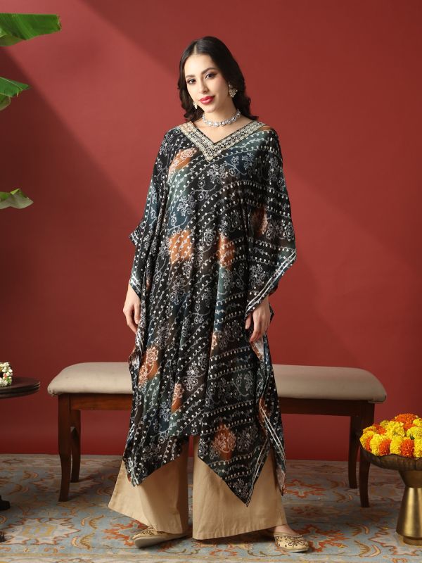 Globus Women Navy Blue Zari Embroidered V-Neck Ethnic Print Gotta Patti Fusion Kaftan Kurta