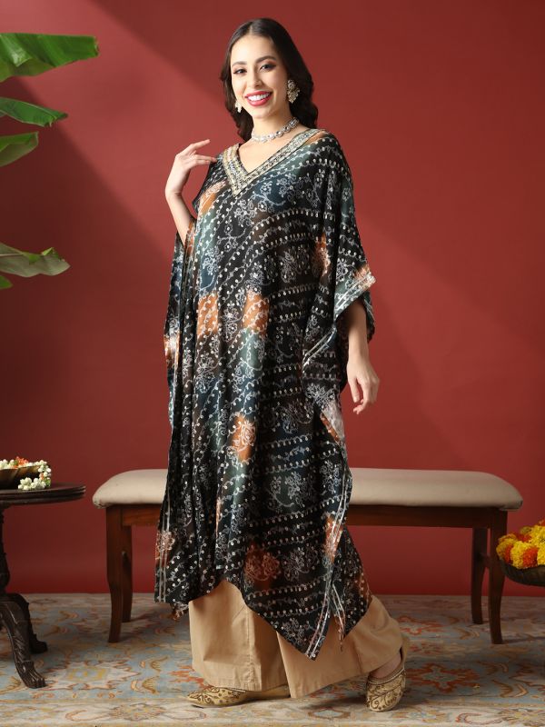 Globus Women Navy Blue Zari Embroidered V-Neck Ethnic Print Gotta Patti Fusion Kaftan Kurta