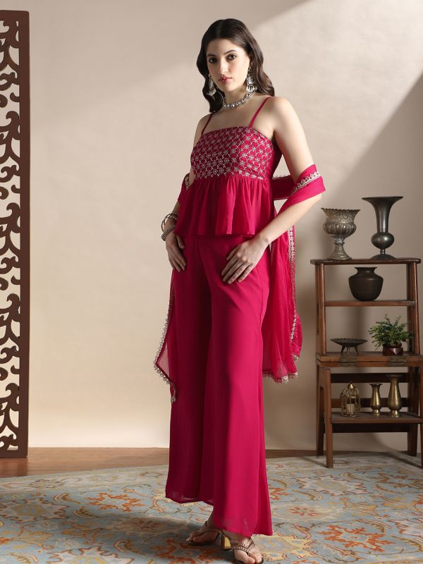 Globus Women Pink Square Neck Strappy Sleeves Sequin Embroidery Peplum Top With Palazzos & Dupatta Festive Coords Set
