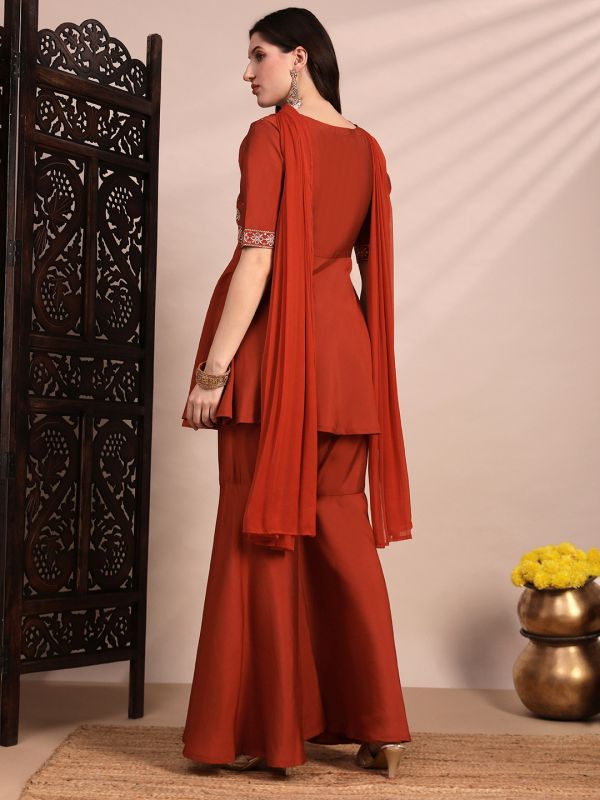 Globus Women Orange Sequinned & Zari Embroidered Yoke Tunic & Gharara With Choker Dupatta Festive Co-Ord Se