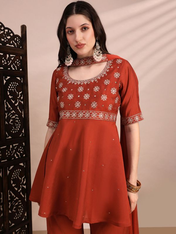 Globus Women Orange Sequinned & Zari Embroidered Yoke Tunic & Gharara With Choker Dupatta Festive Co-Ord Se