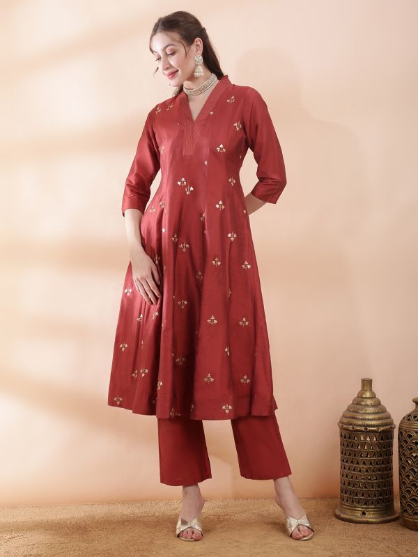 Globus Women Rust V-Neck Sequinned Floral Embroidered Detail Flared Hem Panelled Anarkali Kurta With Pant Festive Set