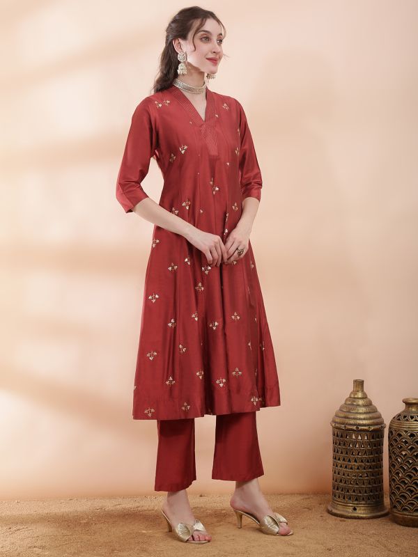 Globus Women Rust V-Neck Sequinned Floral Embroidered Detail Flared Hem Panelled Anarkali Kurta With Pant Festive Set