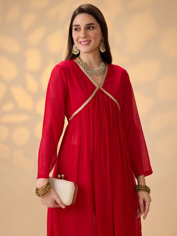 Globus Women Red V-Neck Gathered Gotta Patti Detail Flared A-Line Alia Cut Kurta With Pants Festive Set