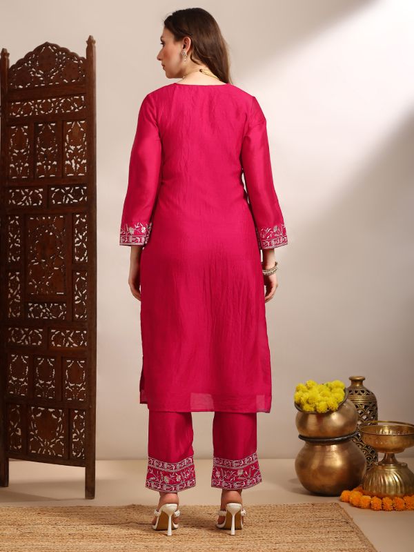 Globus Women Pink Floral Embroidered V-Neck Bell Sleeves Straight Kurta With Pants Festive Set