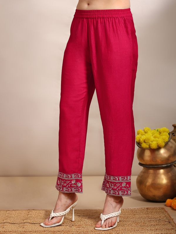 Globus Women Pink Floral Embroidered V-Neck Bell Sleeves Straight Kurta With Pants Festive Set