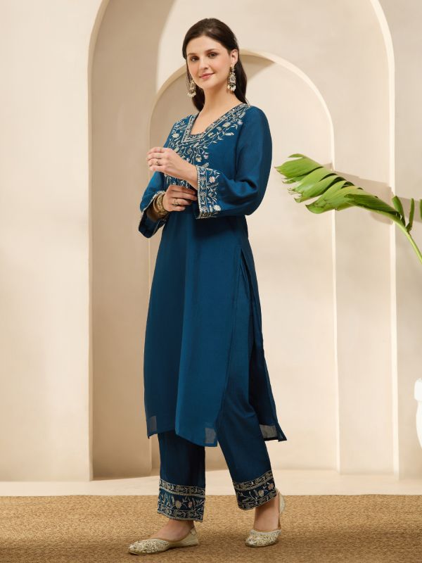 Globus Women Blue Floral Embroidered V-Neck Bell Sleeves Straight Kurta With Pants Festive Set