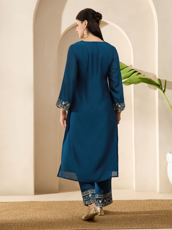 Globus Women Blue Floral Embroidered V-Neck Bell Sleeves Straight Kurta With Pants Festive Set